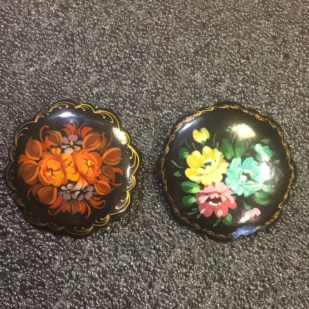 2- Vintage Russian Hand Painted Wooden Floral Brooches Signed